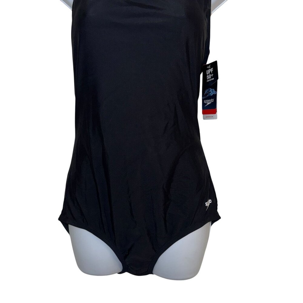 NWT Speedo PowerFlex Ultraback One Piece Swimsuit Womens 12 Black White Solid - Picture 3 of 7